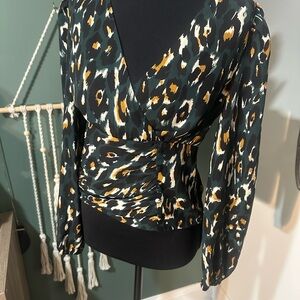 Express Leopard Print Wrap Blouse Side Zip Long Sleeve XS
